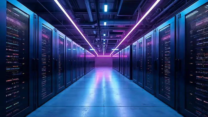 UKNode Manchester data centre corridor — server cabinets under brand-violet linear lighting.